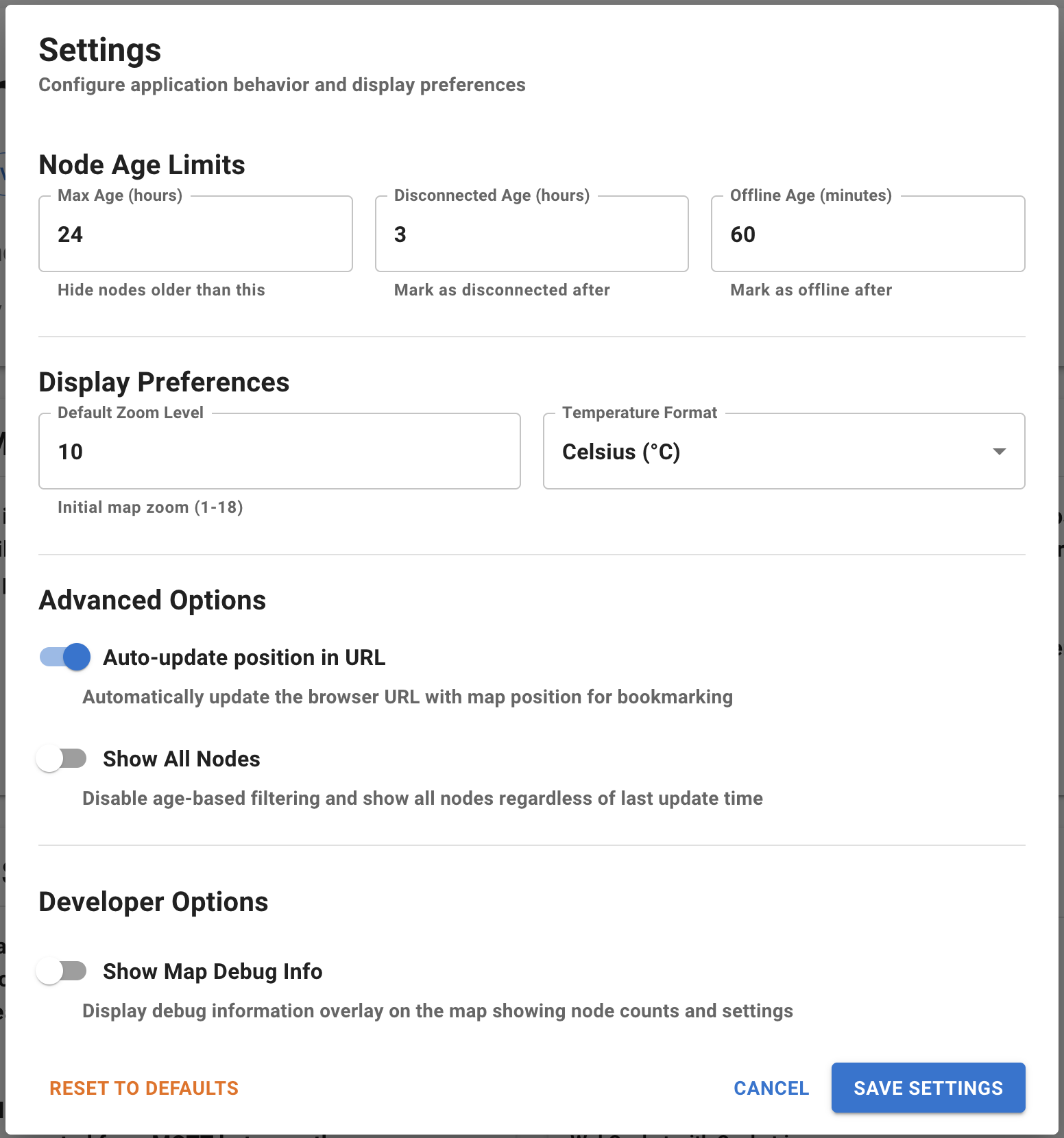 User preferences panel
